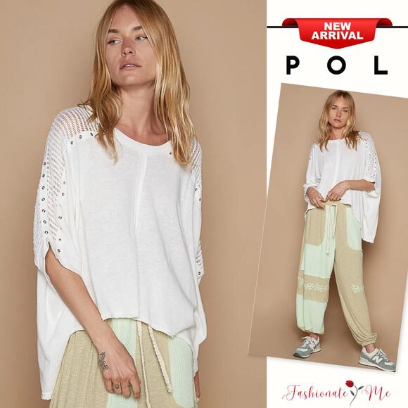 POL Eyelet Studded Embellishments High-Low Hem Boat Neck Oversized Top | White - Picture 1 of 7